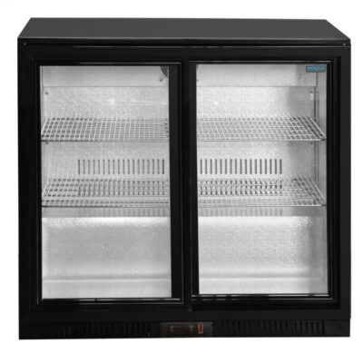 High-capacity 2-door under counter beverage cooler with double glass doors, adjustable shelves, digital thermostat and LED lighting — ideal for bars, kitchens & restaurants