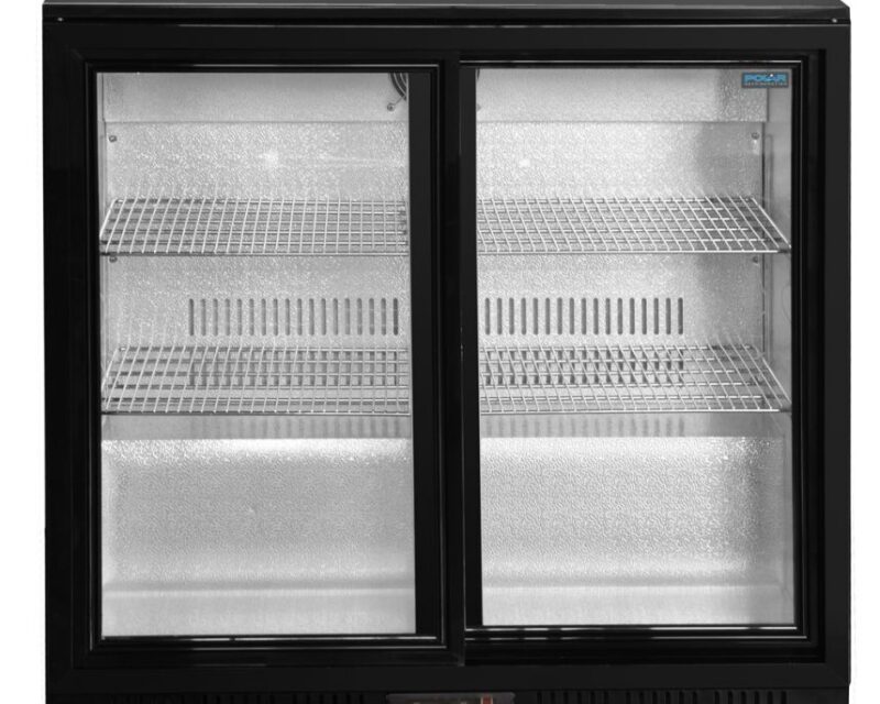 High-capacity 2-door under counter beverage cooler with double glass doors, adjustable shelves, digital thermostat and LED lighting — ideal for bars, kitchens & restaurants