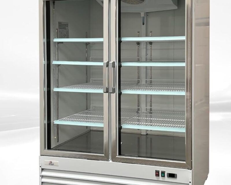 commercial double door display refrigerator with glass doors