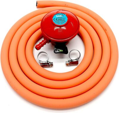 lpg-gas-regulator-with-high-pressure-hose-kit LPG gas regulator with high-pressure orange hose and hose clamps for propane gas cylinders
